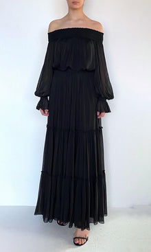 Hemant And Nandita | Johi Viscose Flat Chiffon Tiered Maxi Skirt | Black
