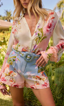Hemant And Nandita | Kavi Linen Cotton Shorts With Buckle Belt | Pink Blue Multi