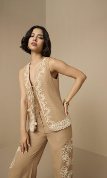 Hemant And Nandita | Mihi Linen Cotton Vest | Brown Off White