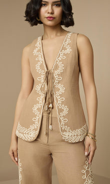 Hemant And Nandita | Mihi Linen Cotton Vest | Brown Off White