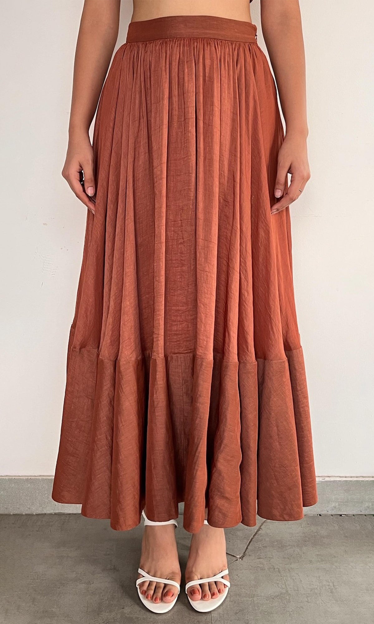 Hemant And Nandita | Nain Viscose Organza Linen Midi Skirt | Brown