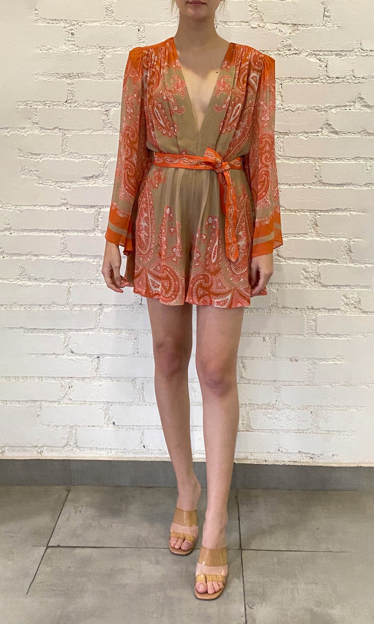 Hemant And Nandita | Omya Viscose Chiffone Romper With Belt | Beige/Orange Multi