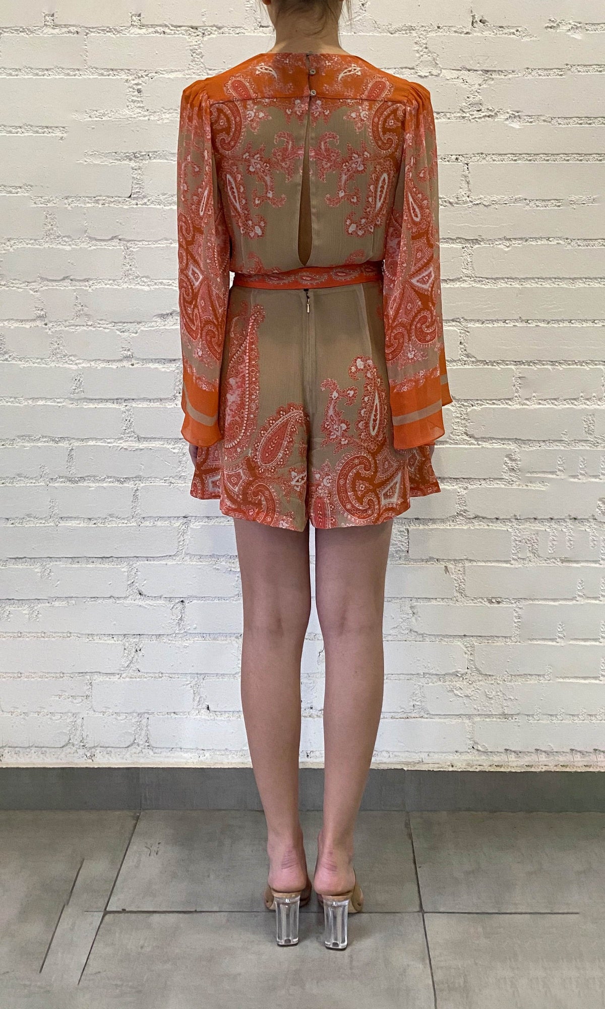 Hemant And Nandita | Omya Viscose Chiffone Romper With Belt | Beige/Orange Multi