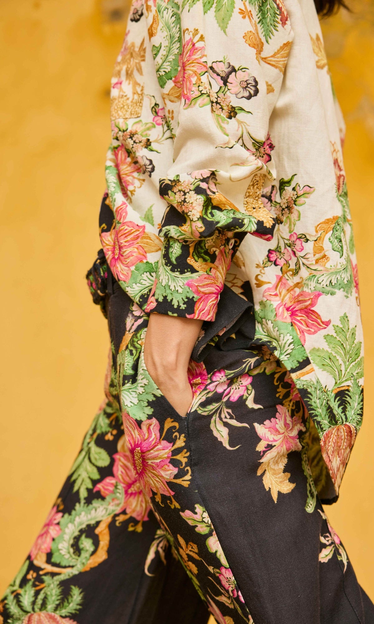Hemant And Nandita | Pahi Linen Cotton Oversized Shirt With Handcrafted Buttons | Black Offwhite Floral
