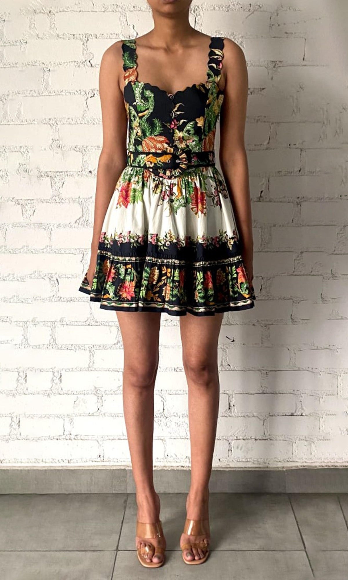 Hemant And Nandita | Pahi Cotton Poplin Short Dress With Handcrafted Button With And Belt | Black Off White Floral