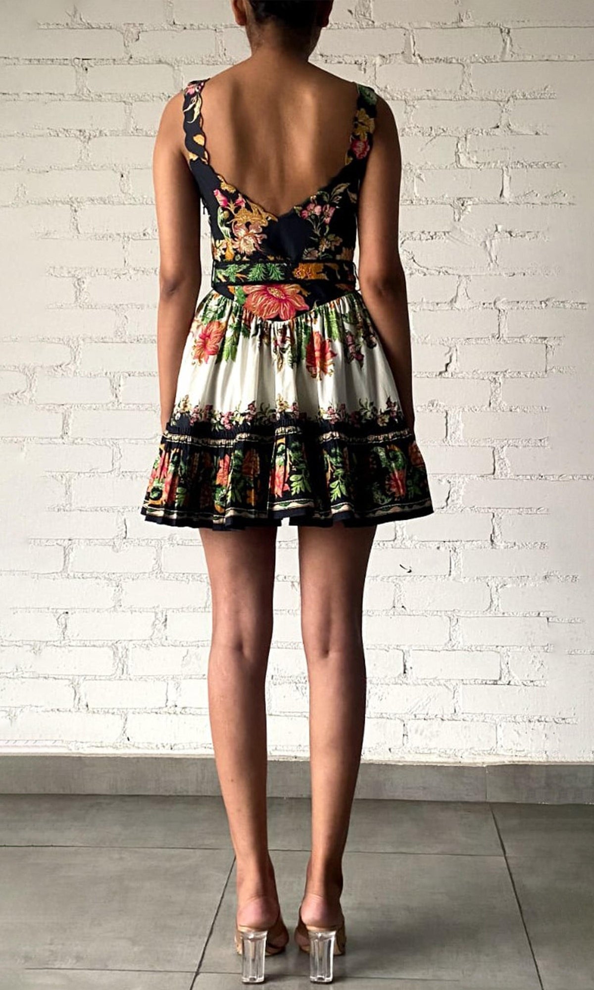 Hemant And Nandita | Pahi Cotton Poplin Short Dress With Handcrafted Button With And Belt | Black Off White Floral