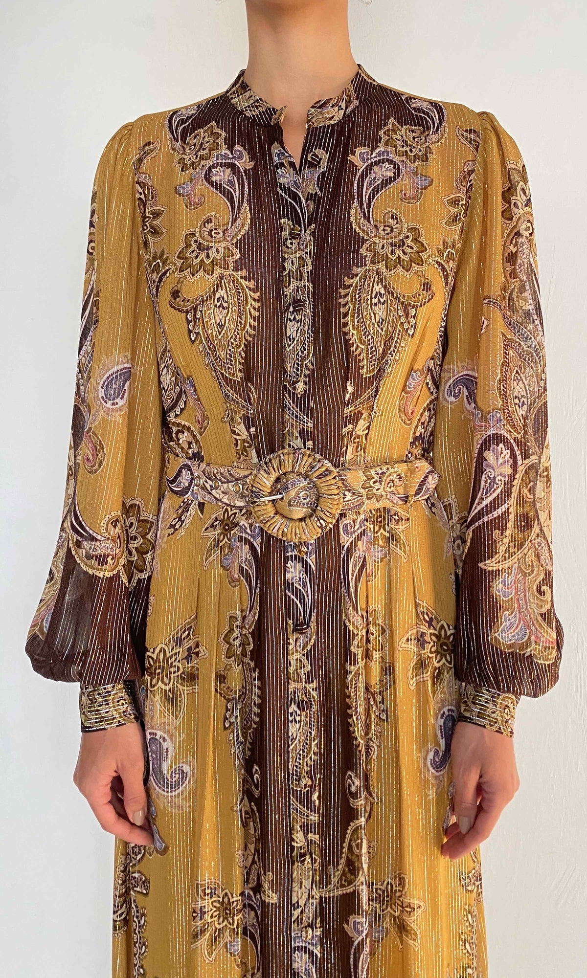 Hemant And Nandita | Reem Viscose Georgette Lurex Shirt Dress With Buckle Belt And Slip | Brown