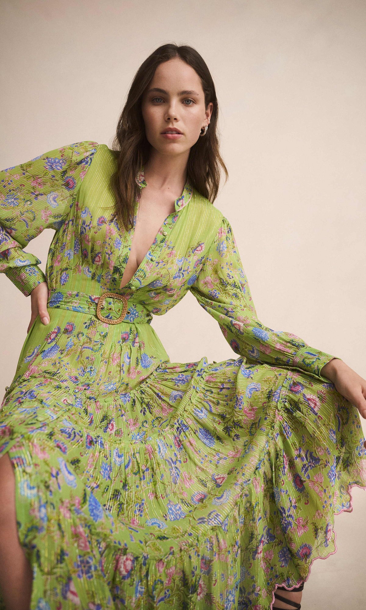 Hemant And Nandita | Rhea Viscose Georgette Gold Silver Striped Lurex Midi Dress With Buckle Belt And Slip | Pear Green