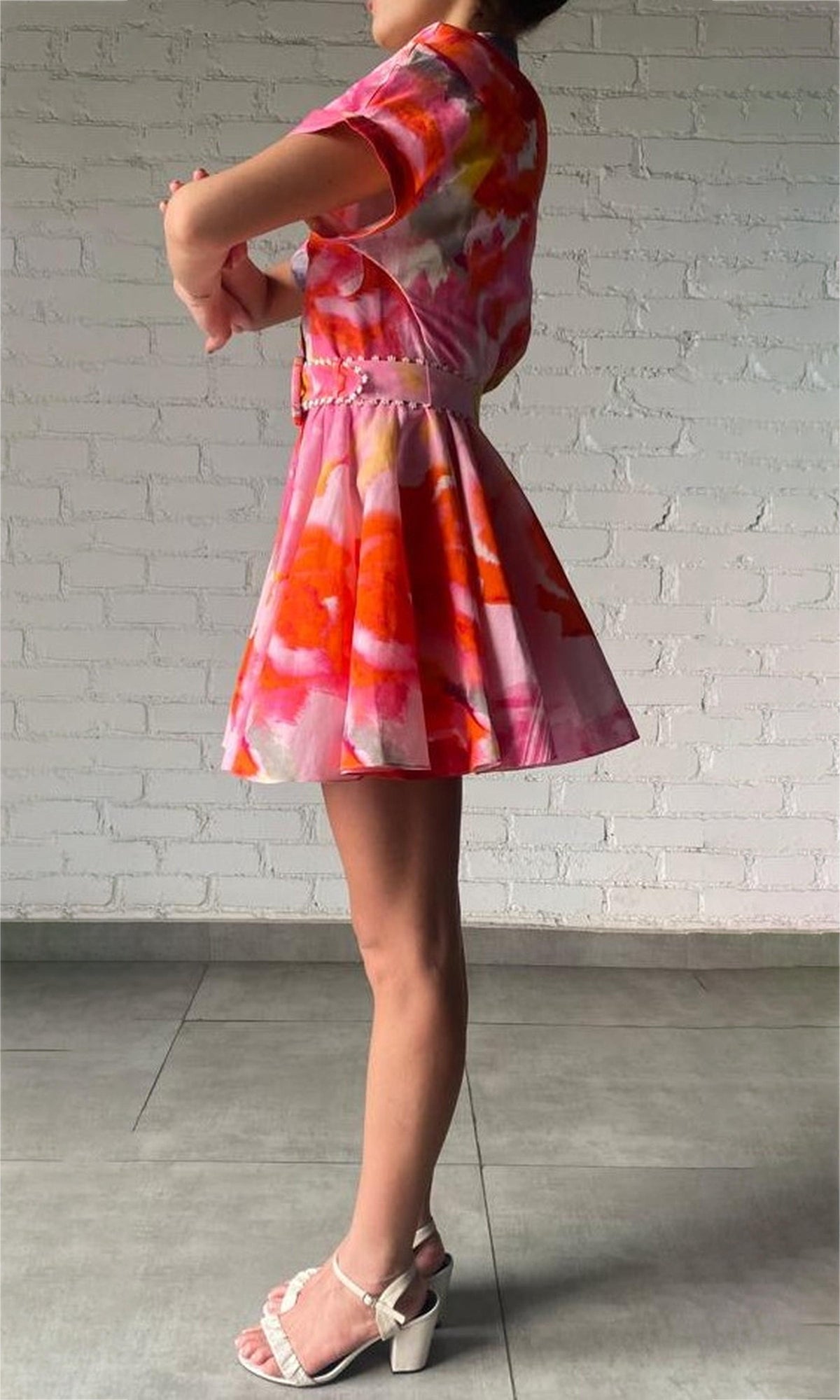 Hemant And Nandita | Rosa Linen Cotton Short Sleeve Short Dress With Buckle Belt | Pink Floral
