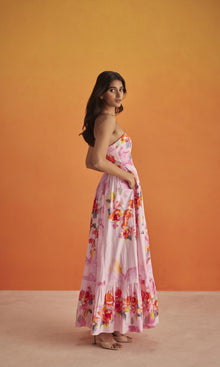 Hemant And Nandita | Rosa Cotton Poplin Corset Long Dress | Pink Floral