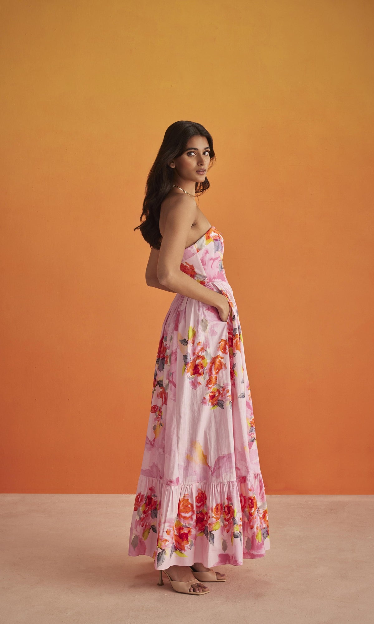 Hemant And Nandita | Rosa Cotton Poplin Corset Long Dress | Pink Floral