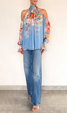 Hemant And Nandita | Saba Viscose Crinkle Chiffon Neck Tie Detail Top | Blue Floral