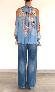 Hemant And Nandita | Saba Viscose Crinkle Chiffon Neck Tie Detail Top | Blue Floral