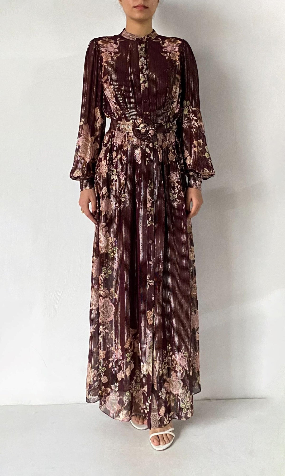 Hemant And Nandita | Savi Viscose Georgette Lurex Shirt Dress With Buckle Belt And Slip | Burgundy