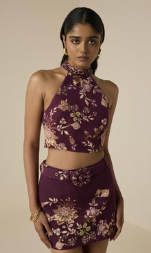 Hemant And Nandita | Savi Linen Cotton Mini Skirt With Buckle Belt | Burgundy Floral
