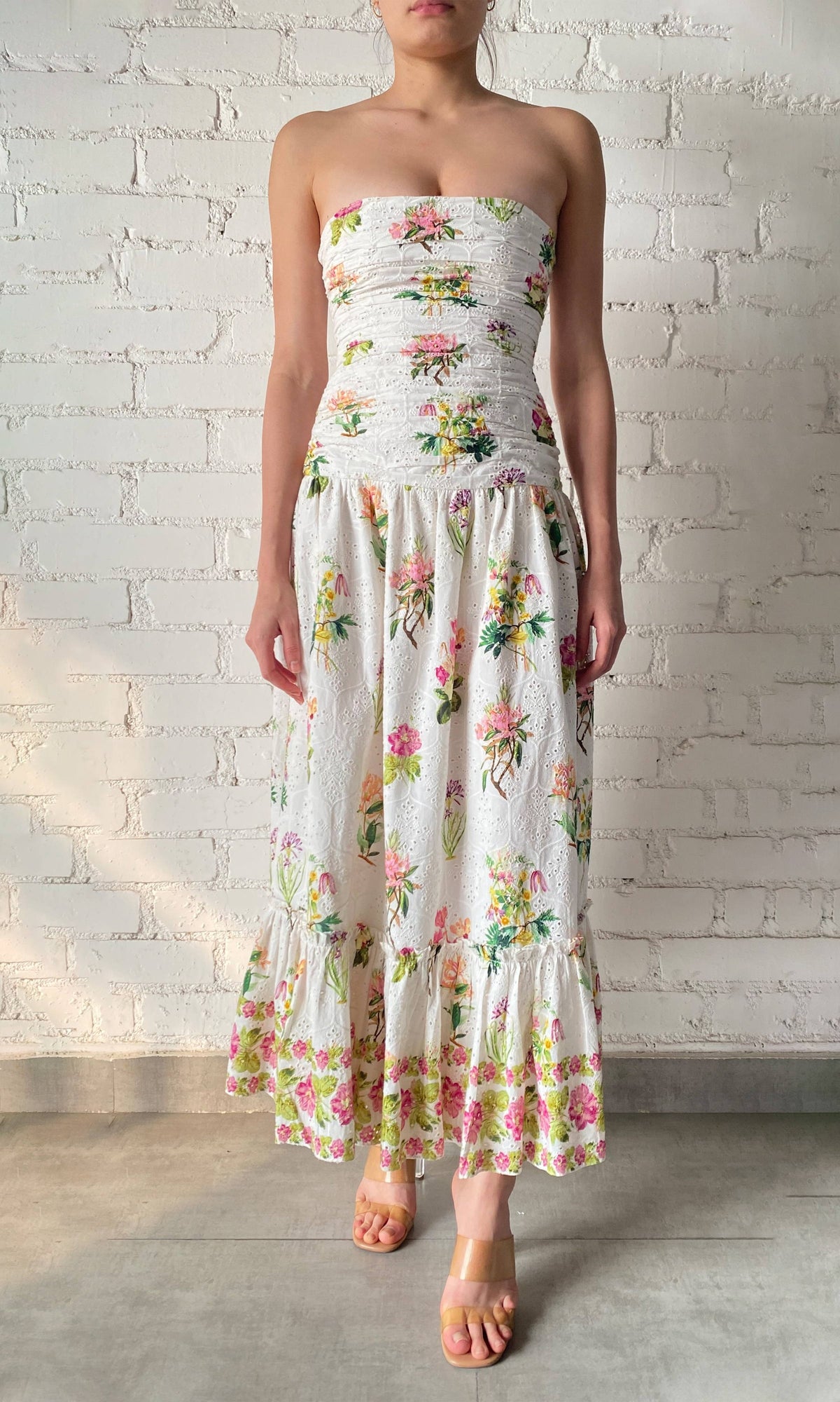 Hemant And Nandita | Taha Cotton Schiffli Strapless Long Dress | White Floral