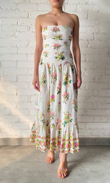 Womens | Taha Cotton Schiffli Strapless Maxi Dress | White Floral