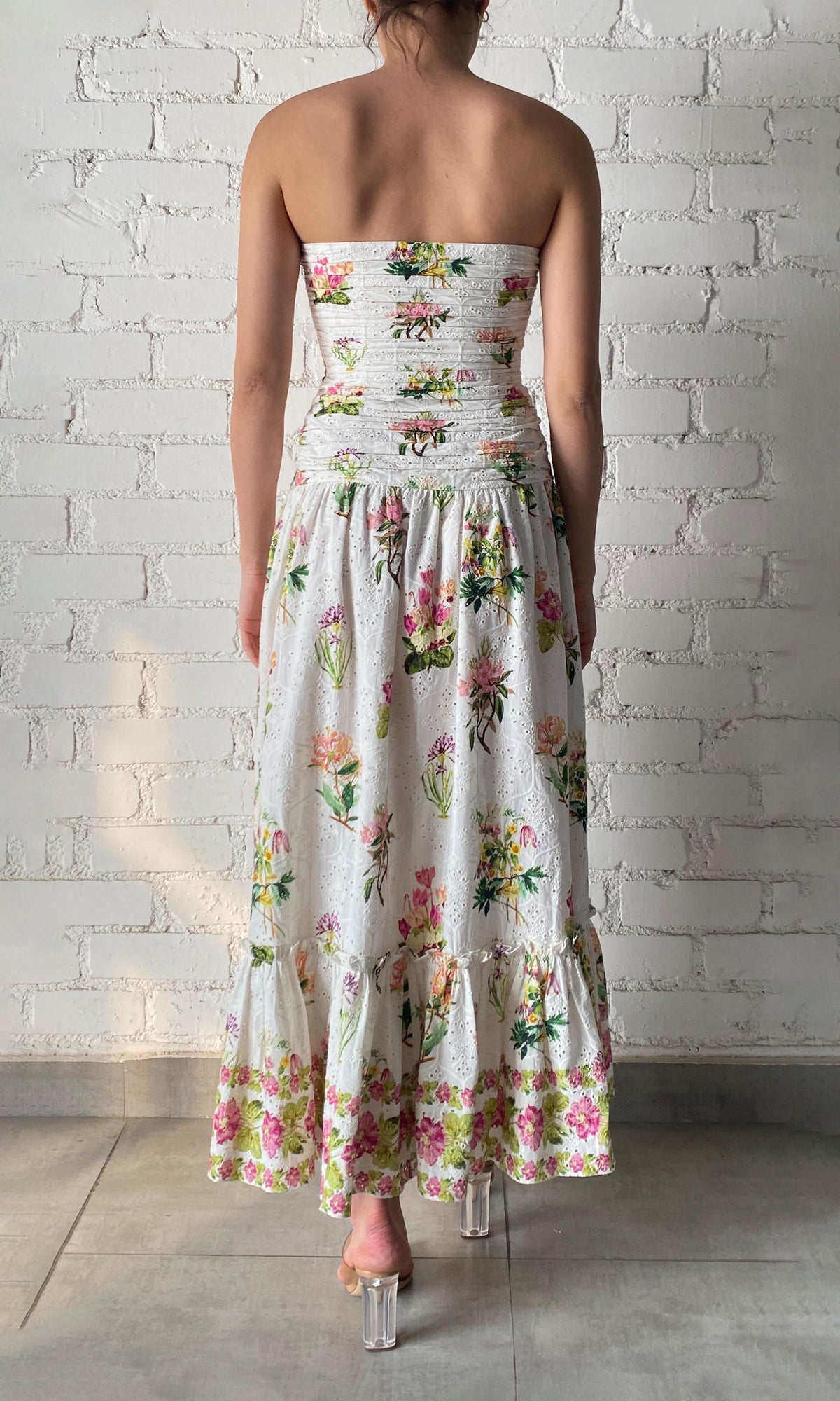 Womens | Taha Cotton Schiffli Strapless Maxi Dress | White Floral