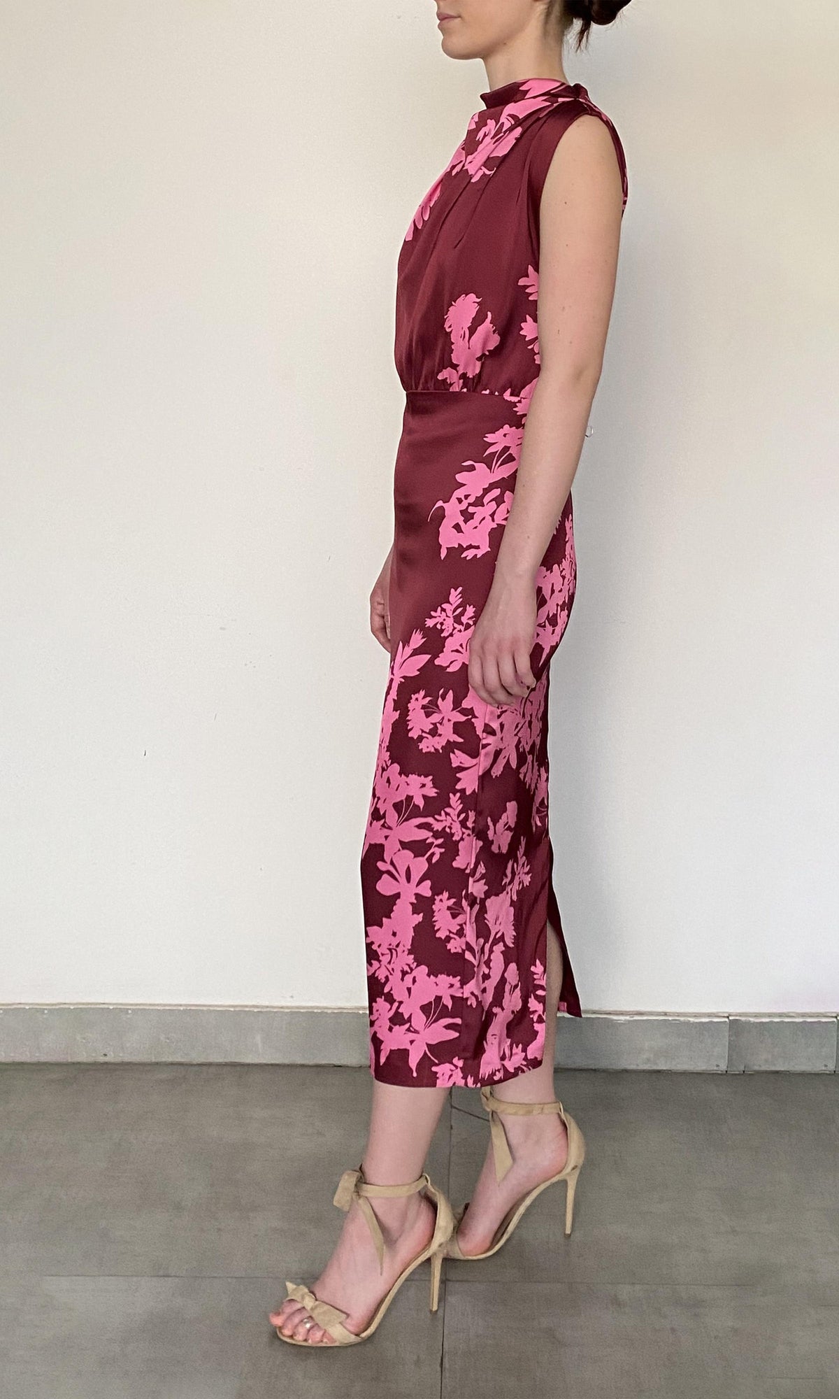 Womens | Tehr Polyester Double Satin Midi Dress | Black Magenta