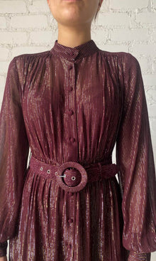 Hemant And Nandita | Tiya Viscose Georgette Gold Silver Stripe Lurex Long Dress With Buckle Belt | FA24 | Burgundy