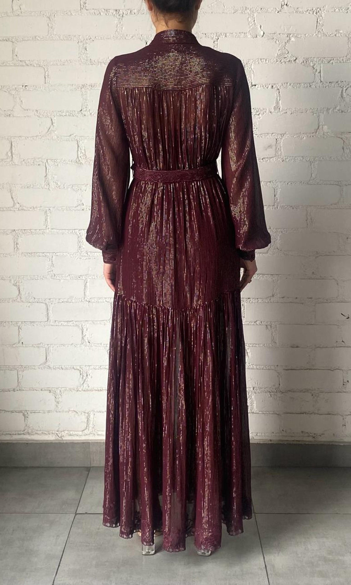 Hemant And Nandita | Tiya Viscose Georgette Gold Silver Stripe Lurex Long Dress With Buckle Belt | FA24 | Burgundy