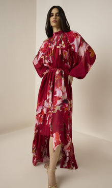 Hemant And Nandita | Tuhi Viscose Linen Organza High Low Long Dress With Braided Belt And Slip | Burgundy Multi