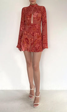 Hemant And Nandita | Vine Viscose Heavy Crepe Front Neck Wrapped Mini Dress | Coral