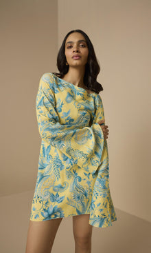 Hemant And Nandita | Wani Viscose Crepe Heavy Mini Bias Dress | Blue Yellow Multi
