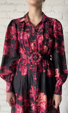 Hemant And Nandita | Zina Viscose Linen Organza Long Dress | Black Magenta
