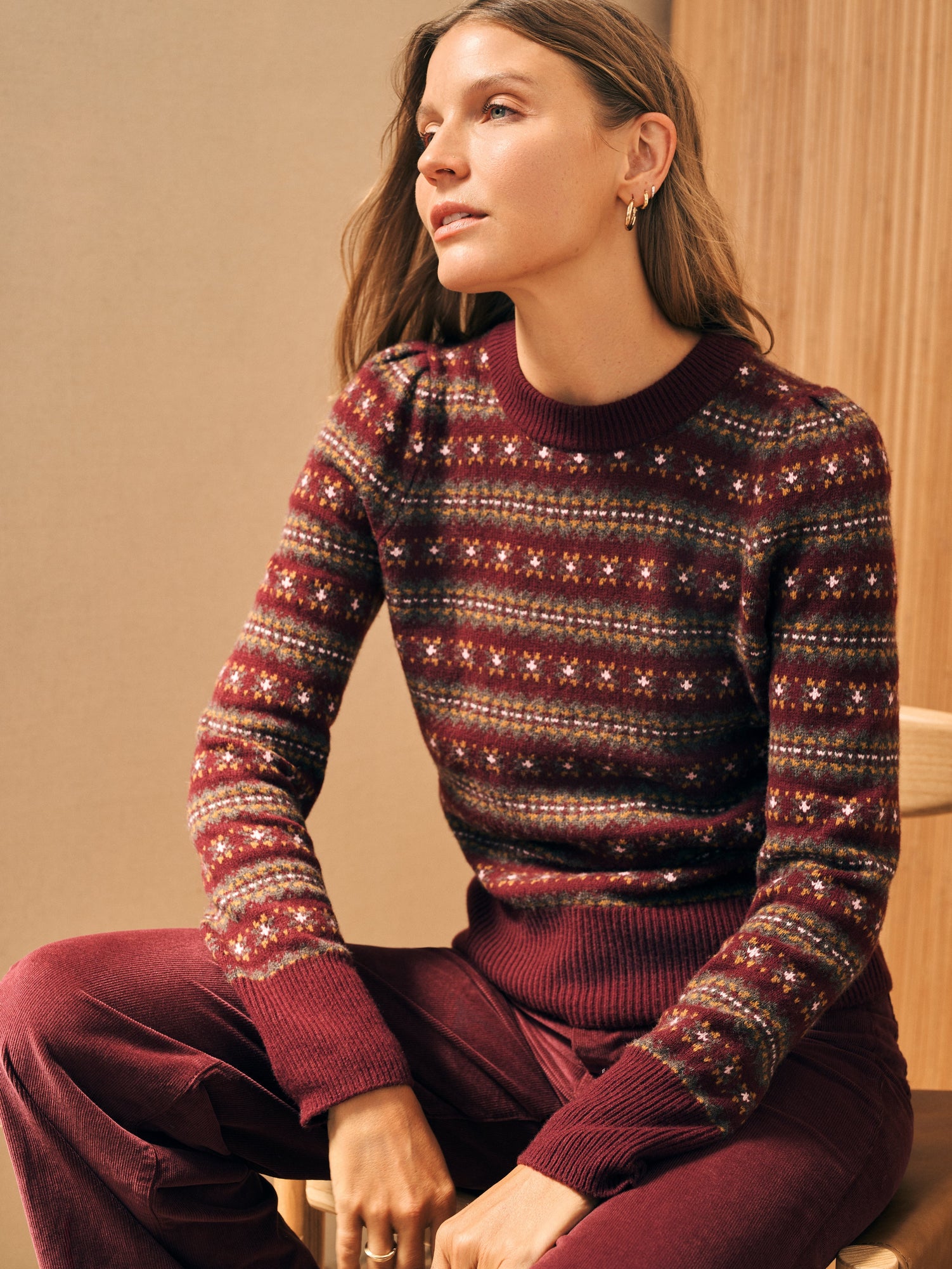 Womens - Highland Fair Isle Puff Sleeve Sweater | Maroon Multi