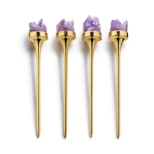 Hospitality Cocktail Picks | Gold-Plated Stainless Steel | Amethyst Druze | Set of 4