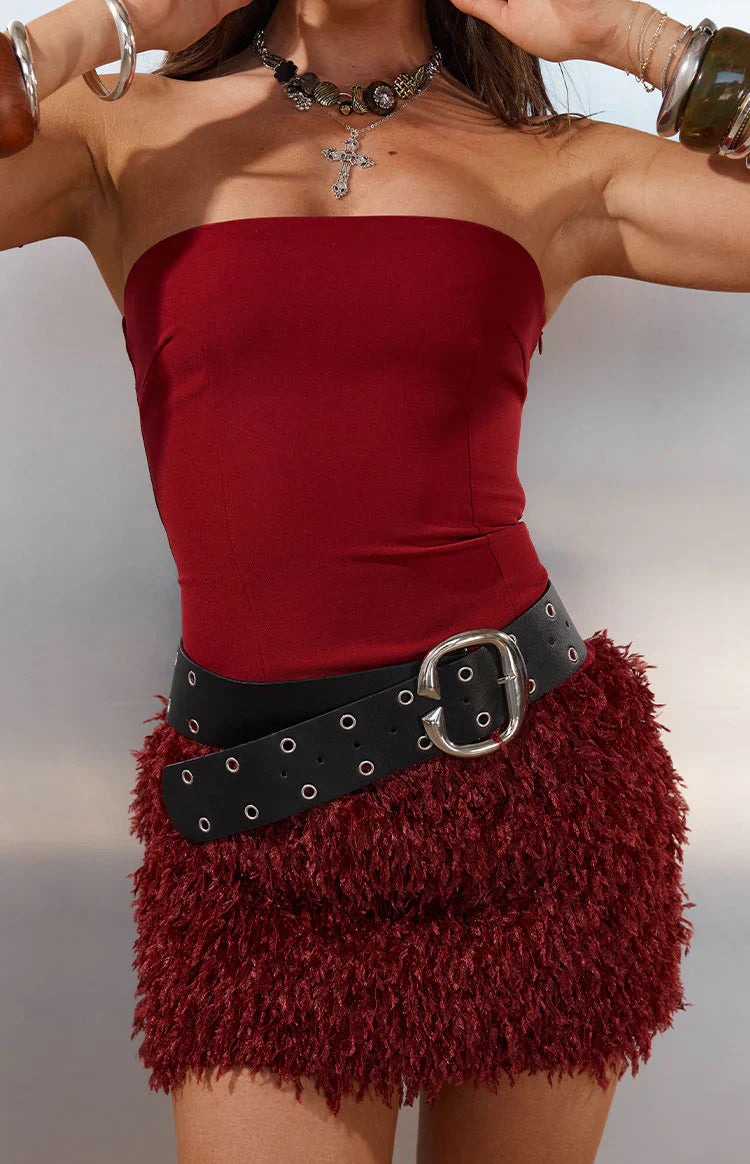 Halo Strapless Fur Mini Dress | Burgundy