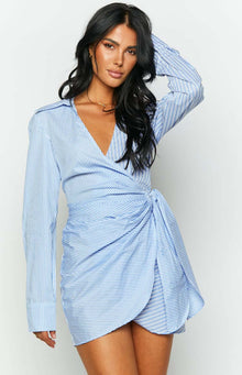 Holly Tie Up Shirt Mini Dress | Blue Stripe