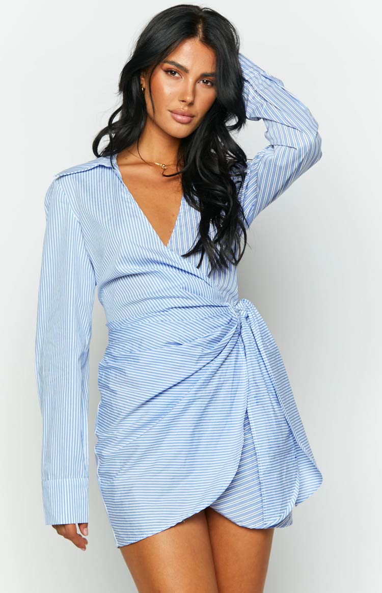 Holly Tie Up Shirt Mini Dress | Blue Stripe