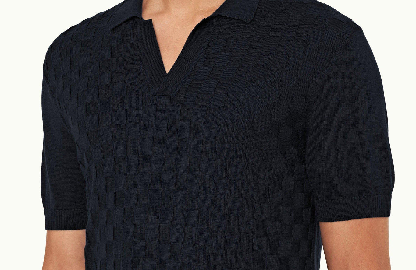 Horton Silk Checkerboard Resort Placket Silk Polo Shirt | Night Iris