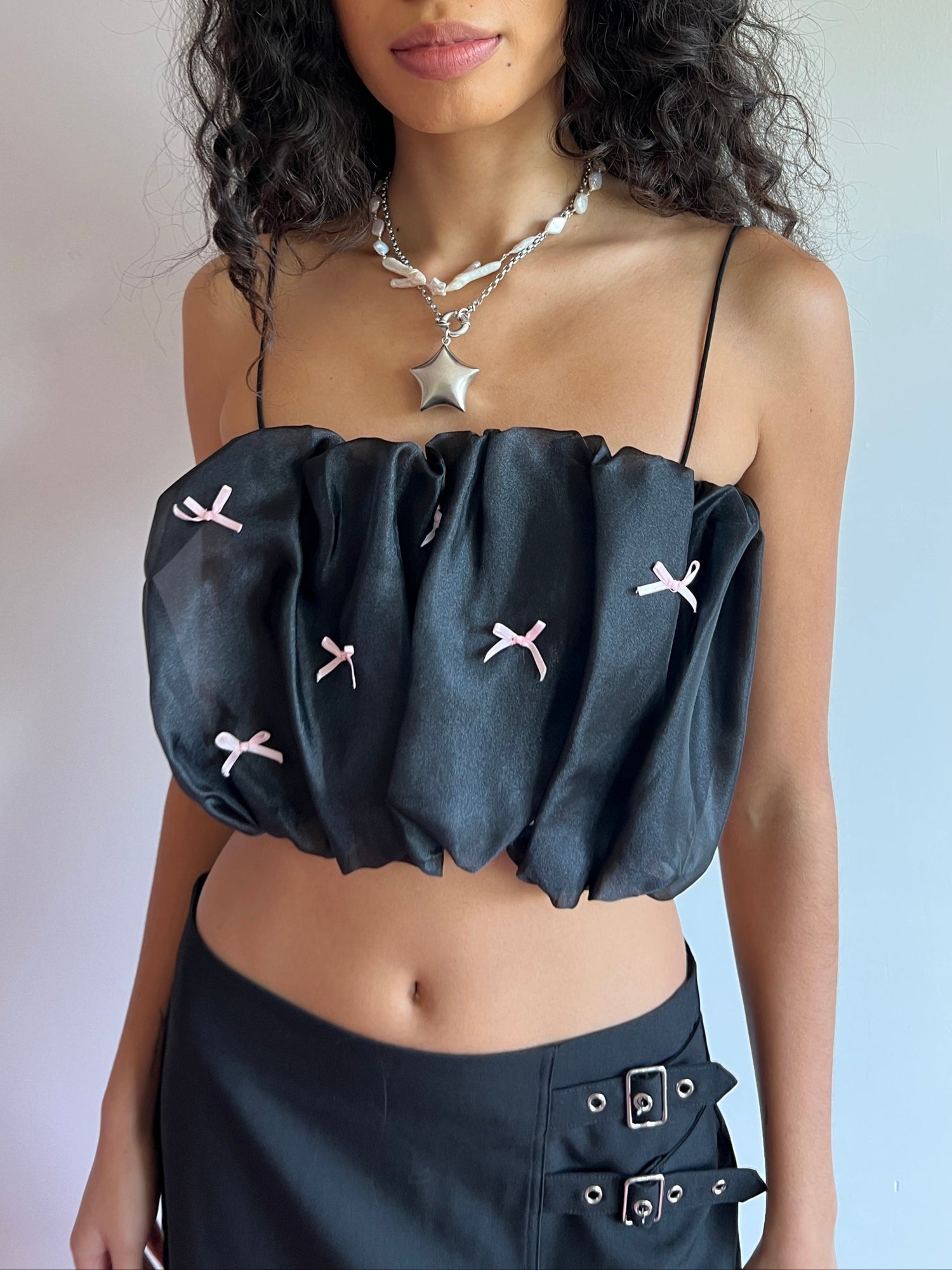 Jemma Bubble Top | Black Pink Bow