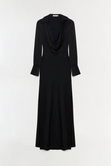 Black satin gown with draped cowl neckline, long sleeves with cuffs, and floor-length A-line skirt.