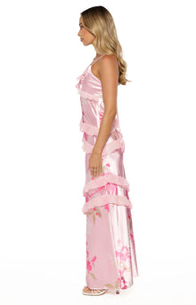 Inara Floral Print Ruffle Prom Dress | Pink