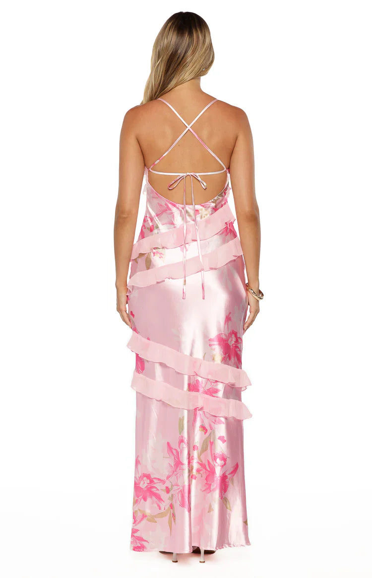 Inara Floral Print Ruffle Prom Dress | Pink