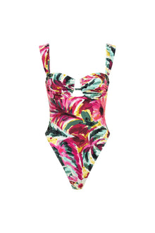 Colorful floral one-piece swimsuit with pink, yellow, and green abstract print and square neckline with ruching detail.