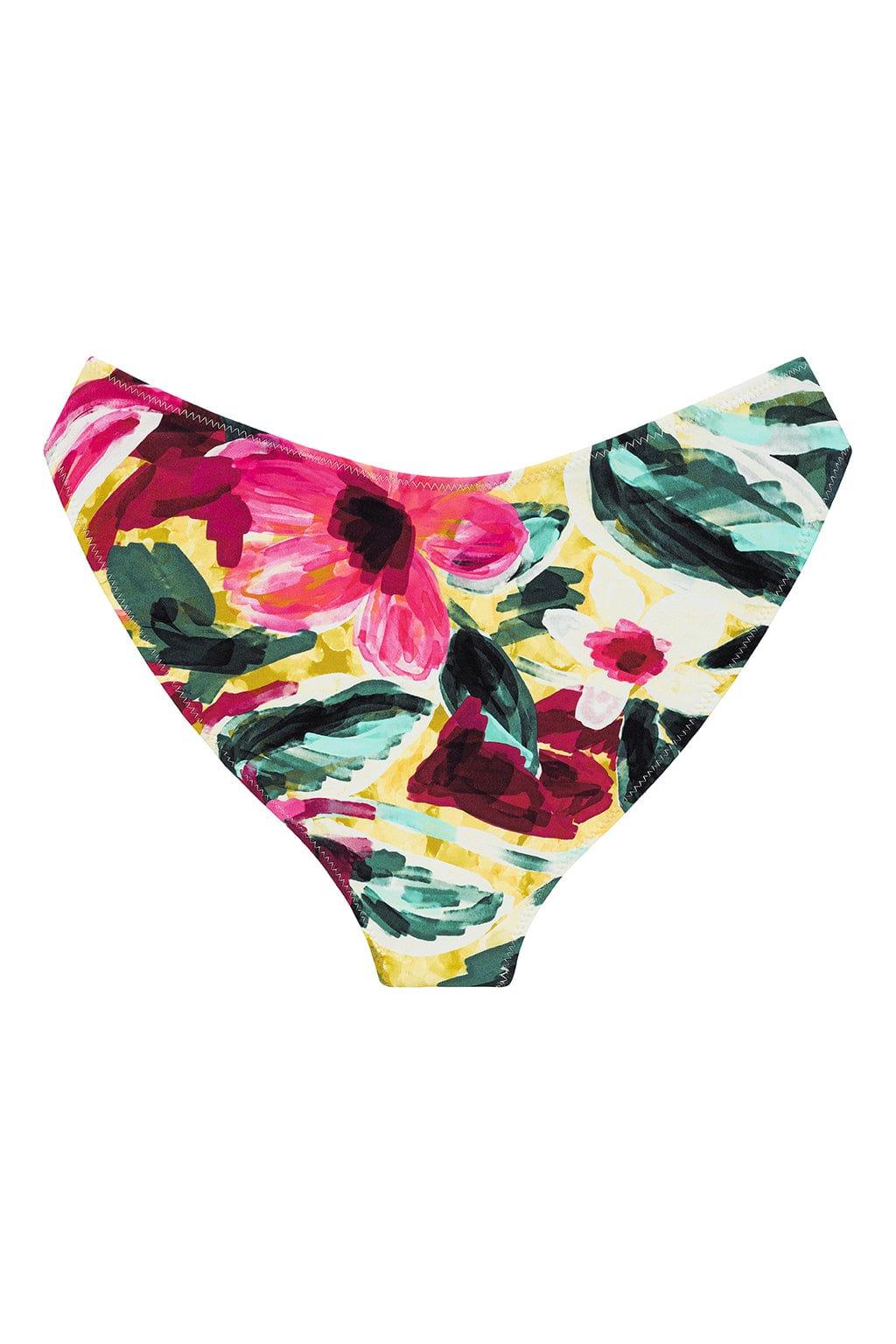 Colorful floral bikini bottom with pink, red, yellow, and teal flowers, featuring zig-zag stitching and ruffled edges.