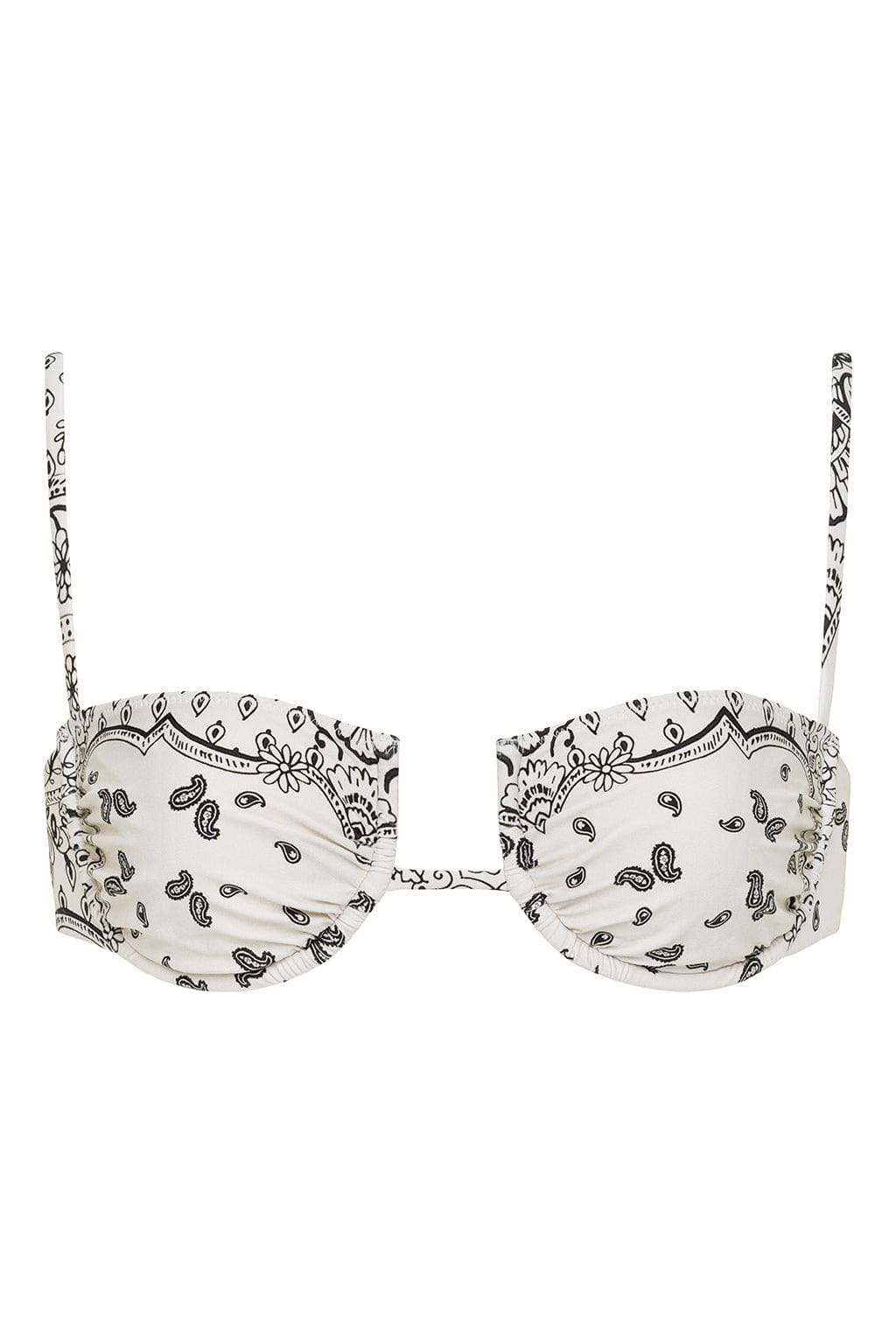 White bandana-print bikini top with black paisley and floral motifs, adjustable straps, and gathered cup detail.