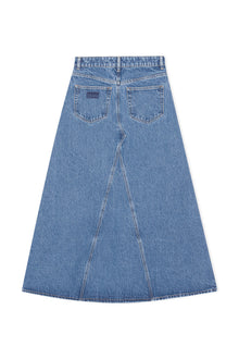 Overdyed Cutline Denim Double Fly Maxi Skirt | Mid Blue Stone