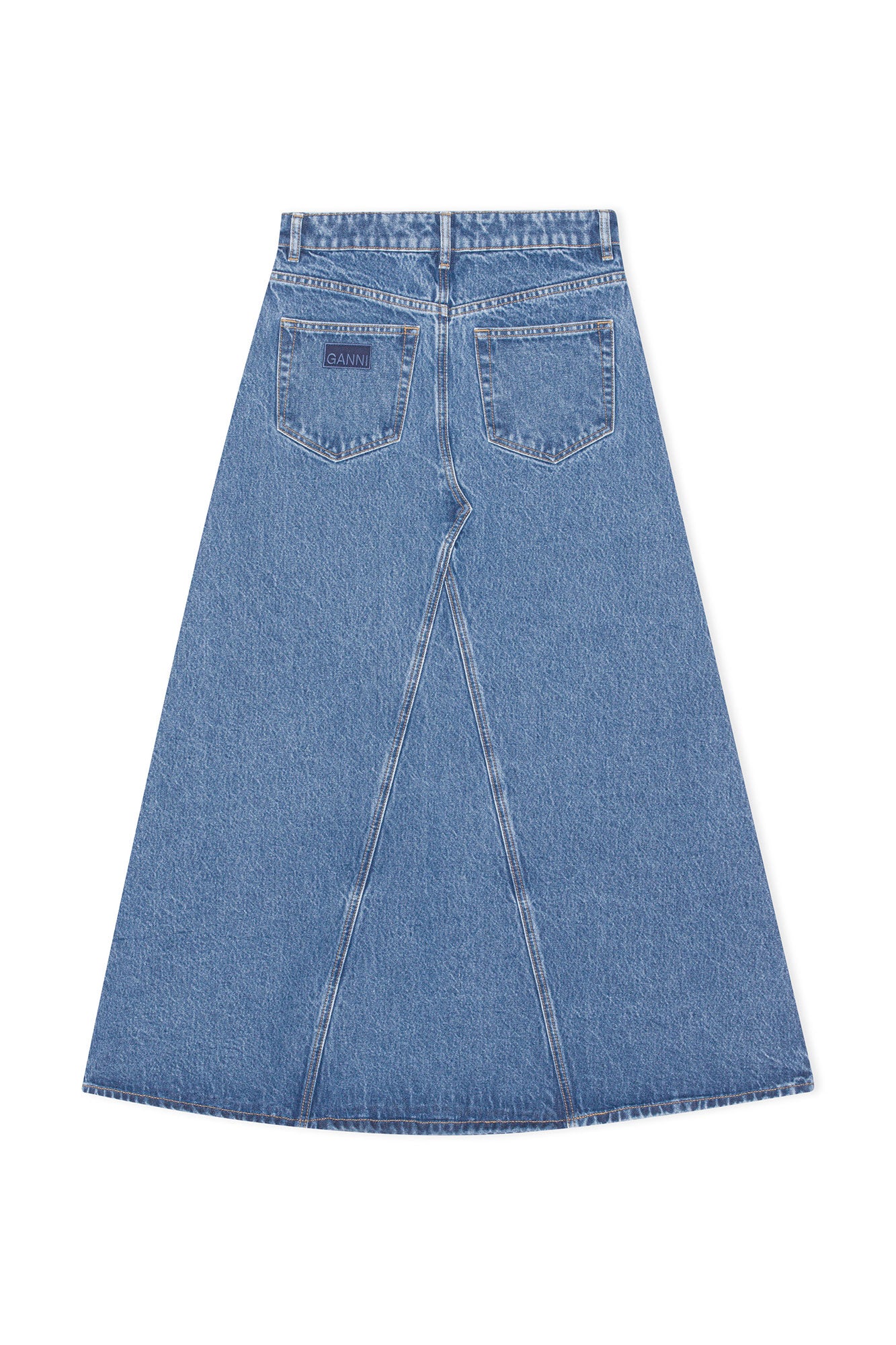 Overdyed Cutline Denim Double Fly Maxi Skirt | Mid Blue Stone