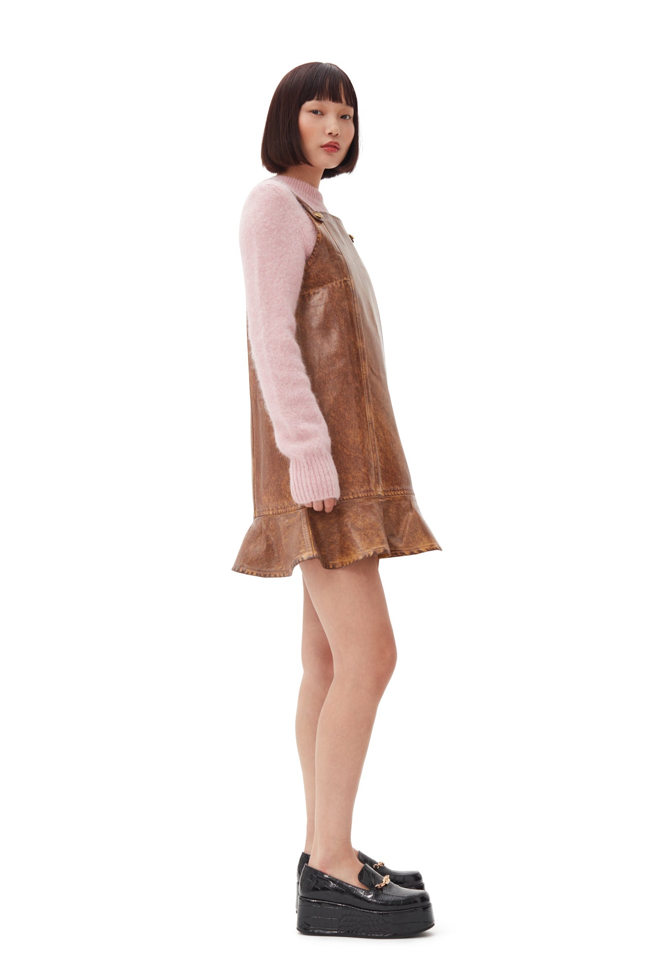 Foil Overdyed Denim Mini Dress | Cognac