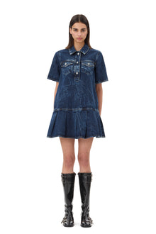 Crinkled Future Denim Mini Dress | Mid Blue Stone