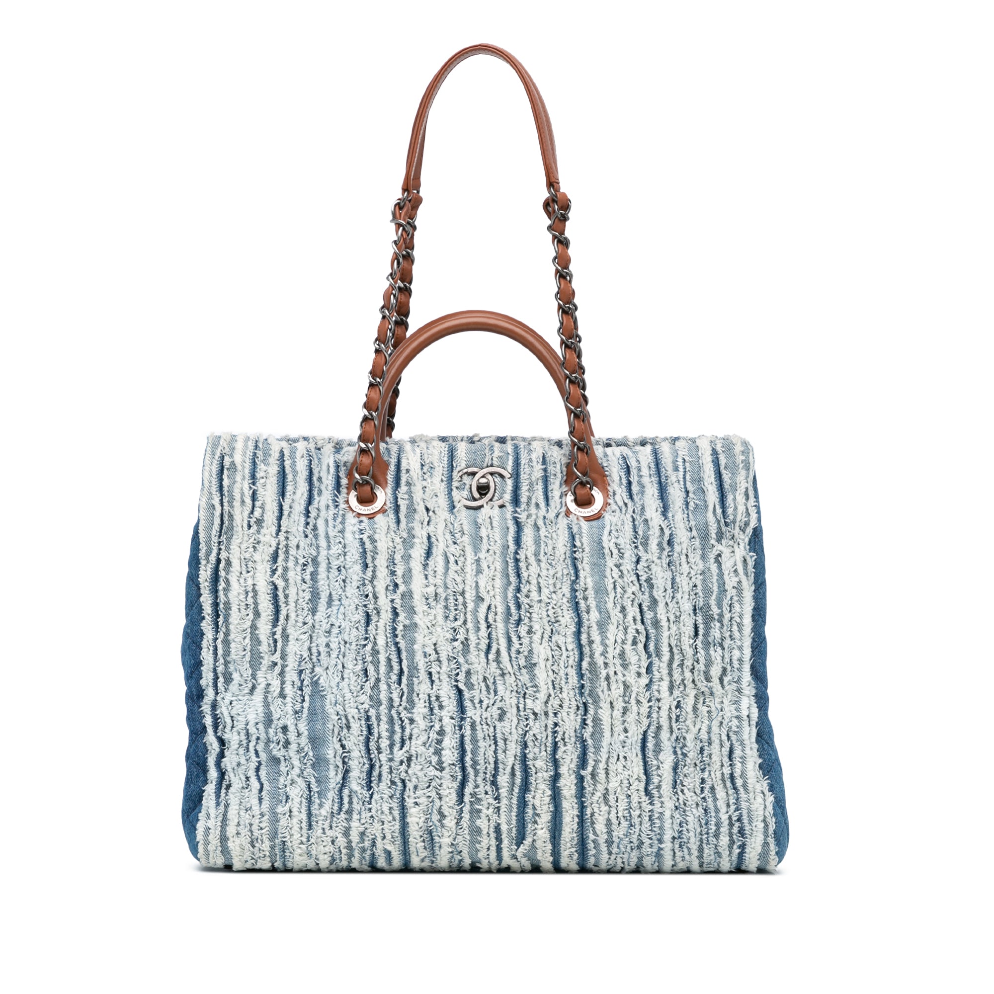 Chanel | Pre-Owned Large Fringed Denim Shopping Tote | Blue/BrownBrownBrownBrownBrown