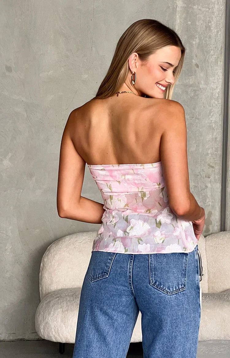 Jacqulin Floral Strapless Top | Pink