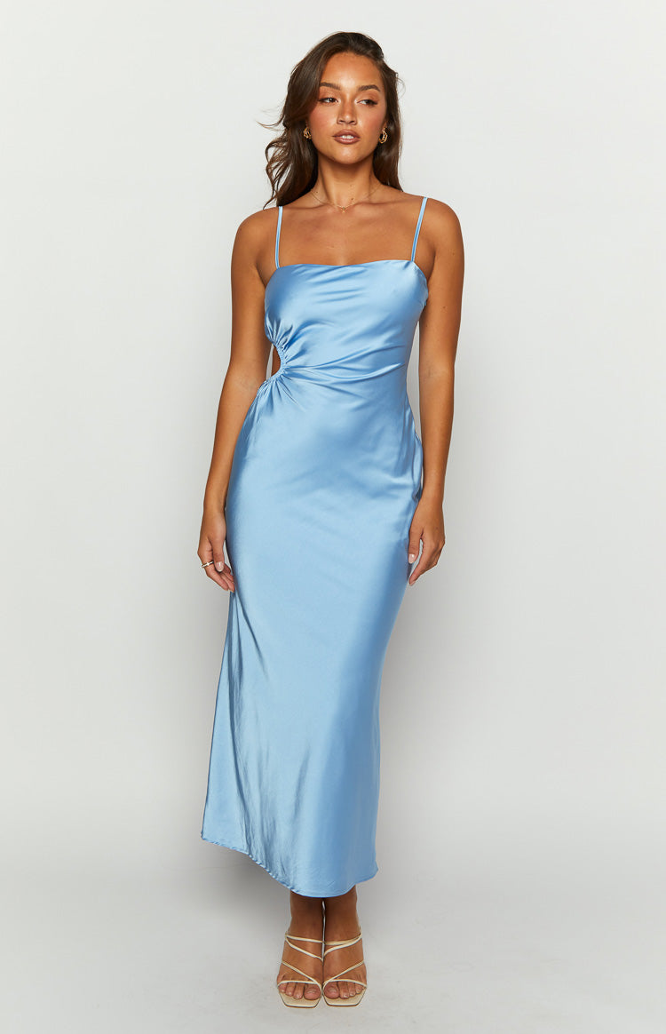 Blue satin maxi dress with a straight neckline, thin spaghetti straps, and a ruched side cutout detail