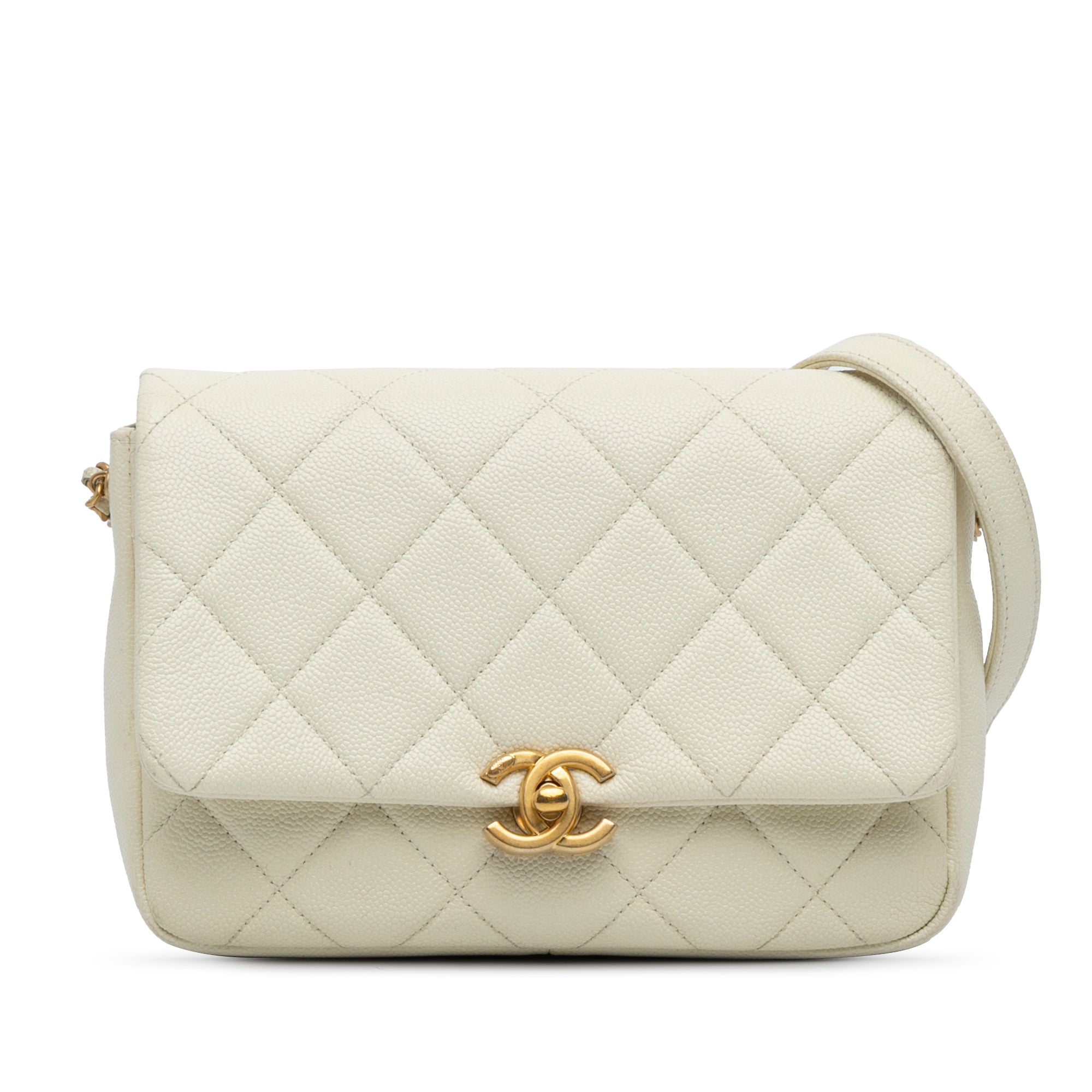 Chanel | Pre-Owned Small Quilted Caviar Chain Melody Flap - II | White/Ivory